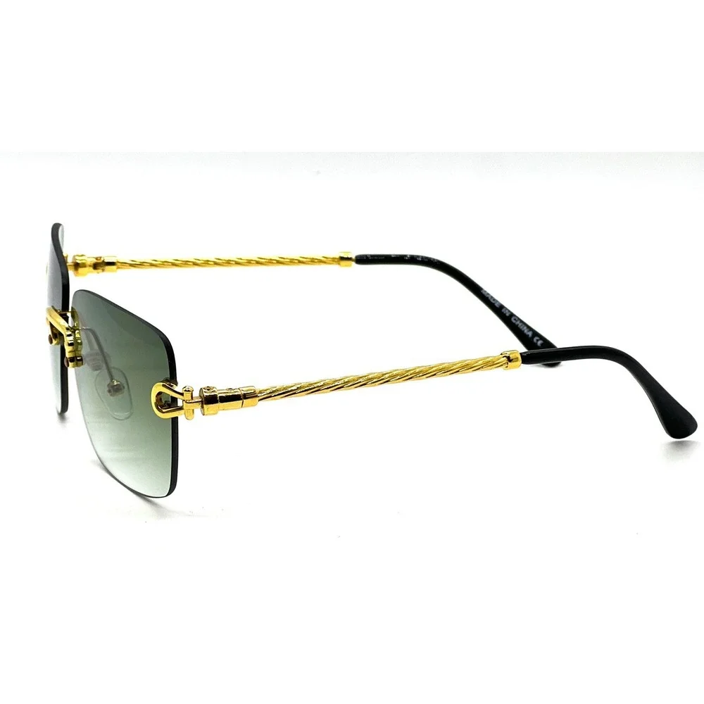 Fashion Sunglasses Green Lens Rectangle Gold Frame Shades Gold Metal Rimless New